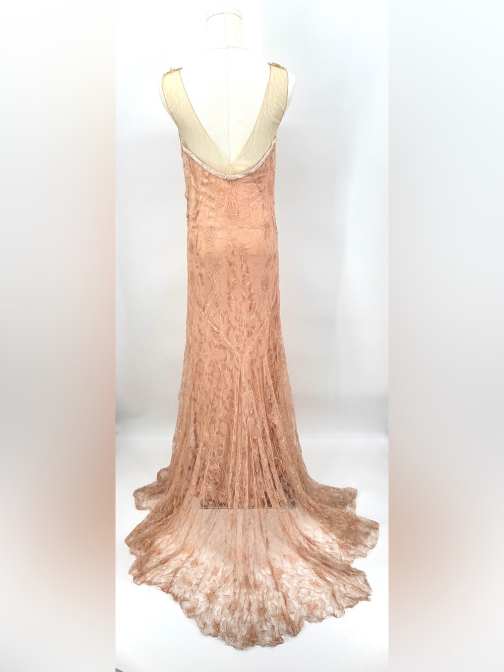 Antique 1930 Lace Silk Formal Dress with Train - Picture 3 of 12